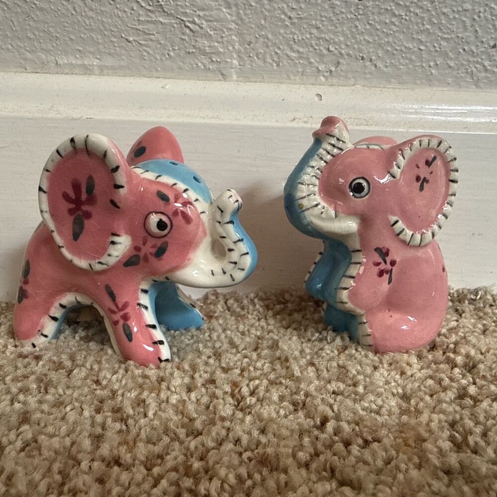 Napco Patchwork Stitched Elephant Salt and Pepper Shaker Japan 1950's Vintage